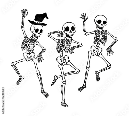 Three skeletons dancing happily for halloween