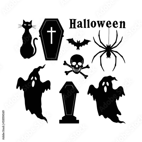 Halloween icons including ghosts, bats, spiders, and coffins
