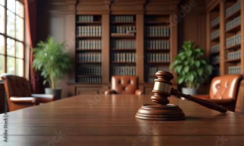 Elegant Courtroom Scene with Wooden Gavel – Symbol of Justice and Law