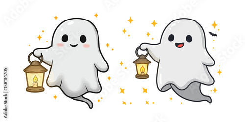 Two cute cartoon ghosts holding lanterns at night