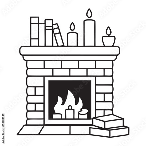 Cozy fireplace with books and candles hearth brick