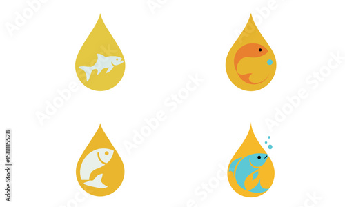 Fish in water drop icons representing aquatic life, ocean health and marine ecosystem
