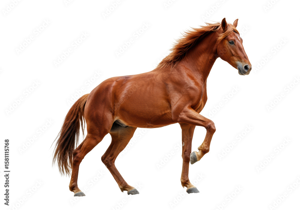Obraz premium Majestic adult chestnut horse rearing powerfully on hind legs, its dark mane and tail flowing, against a clean white studio background with no shadows, showcasing immense strength and untamed spirit.