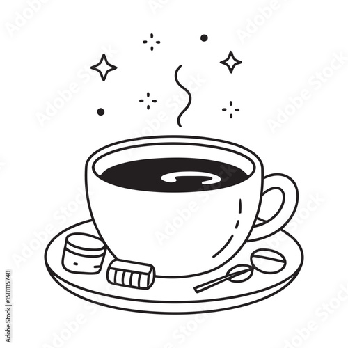 Hot coffee with sugar and spoon saucer sugar cubes