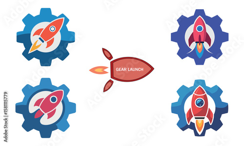 Rocket launch icons with gear combination symbolizing innovation and startup technology
