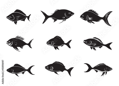 Set of Black and White Fish Silhouettes