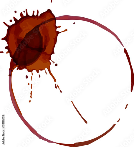 Brown coffee cup stain ring forming on white surface with splash and dripping, perfect for representing a coffee break, breakfast, or morning routine