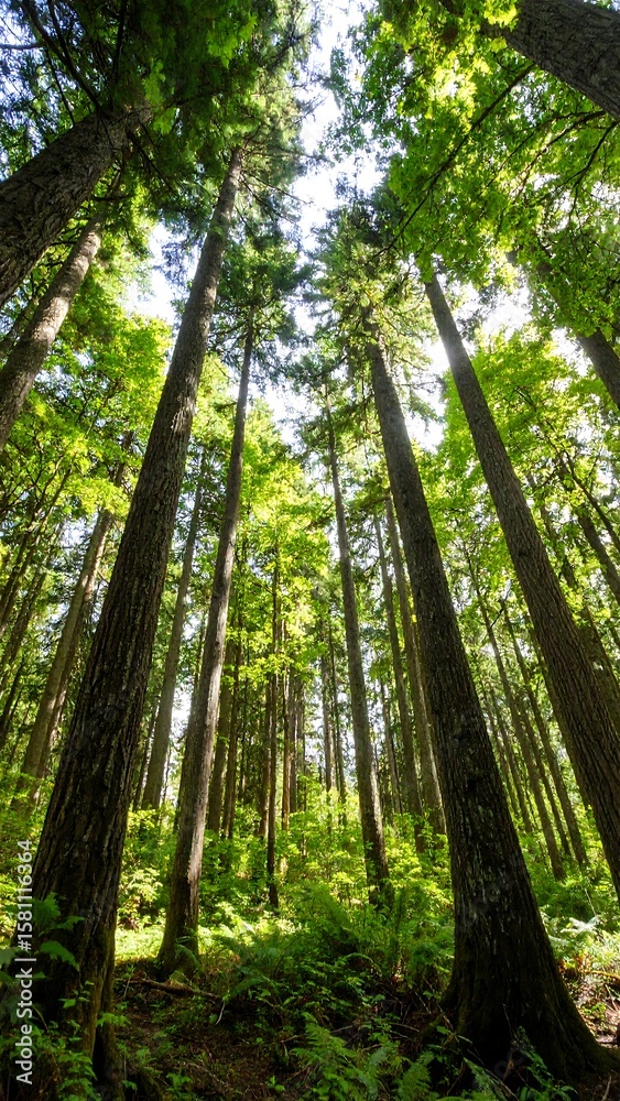 Naklejka premium Sunlight filters through tall trees in a dense forest
