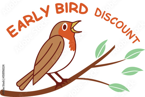 Vector art of a robin bird sings on a branch with the words early bird discount