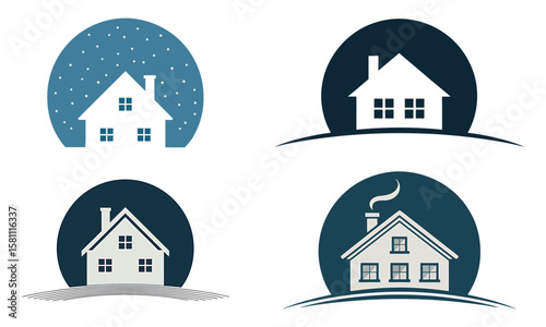 House icons with circular background and snowy winter scene in minimal architectural design

