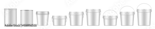 White buckets and tin jars. Mockup of plastic buckets with handle and lid. Small, medium and large sizes. Tin can