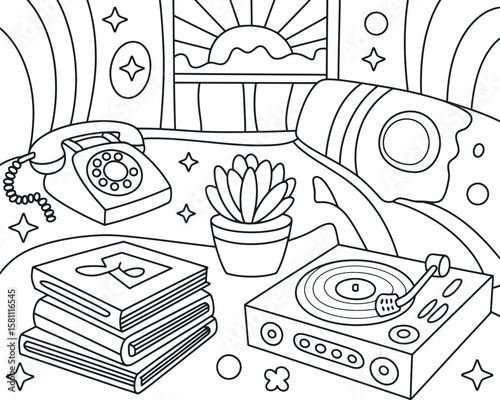 Retro living room scene with vintage objects vintage telephone