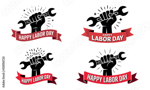 Labor Day icons with clenched fist holding wrench and red ribbon banner design
