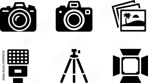 Photography equipment icons camera flash tripod spotlight pictures vector