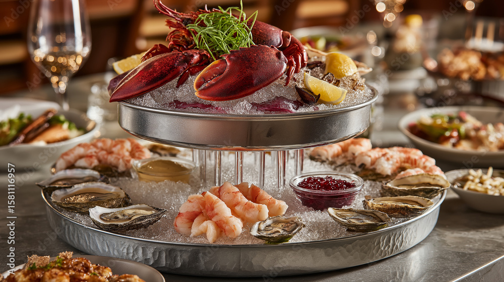 Obraz premium Seafood Tower With Lobster, Oysters And Shrimp