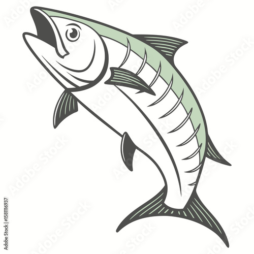 Vector art of a jumping fish with green scales and an open mouth on a white background