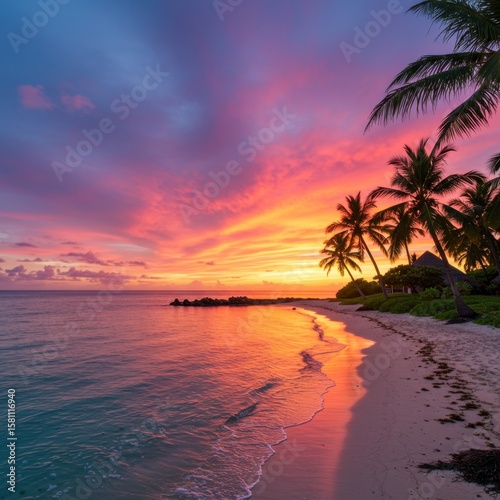 Vibrant Pink and Orange Sunset Over Tropical Beach
