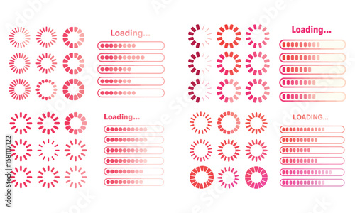 Loading spinner and progress bar icons in pink gradient for digital interface design
