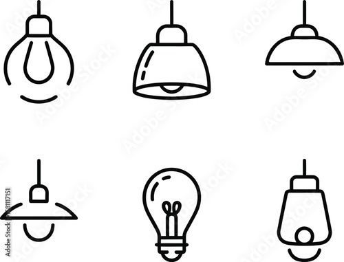 Modern Minimalist Line Art Lightbulb and Pendant Lamp Icons Set