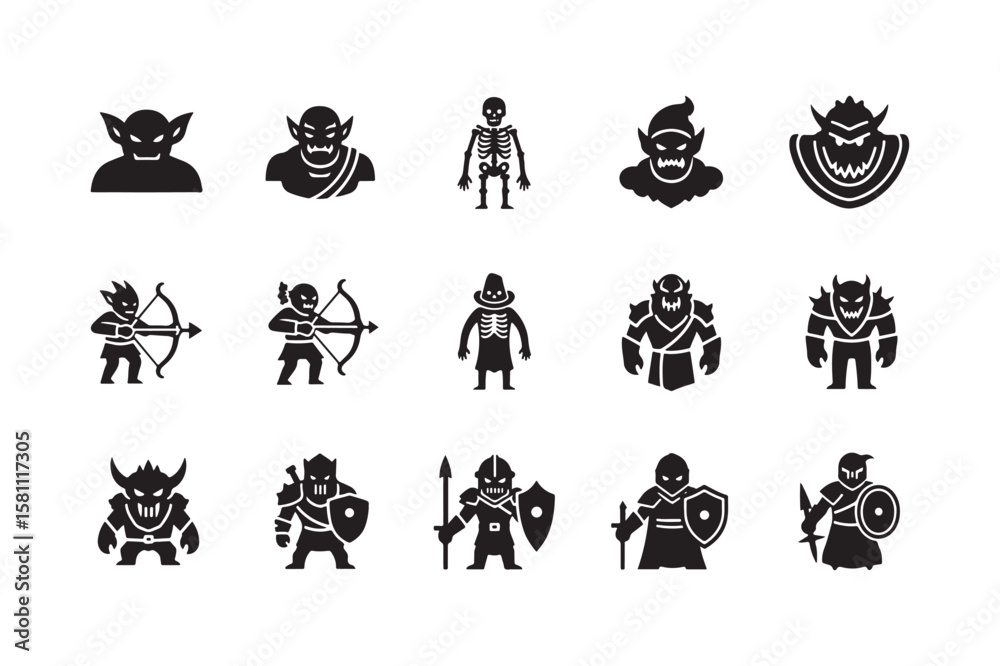 Fototapeta premium Black Silhouette Fantasy Creatures and Warriors Set
