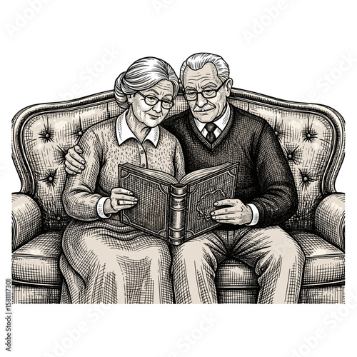 Elderly couple reading a photo album together on vintage sofa  