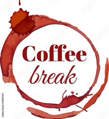 Coffee break sign featuring a coffee cup stain ring and splash, symbolizing a well deserved pause in the workday for enjoying a refreshing beverage and boosting energy