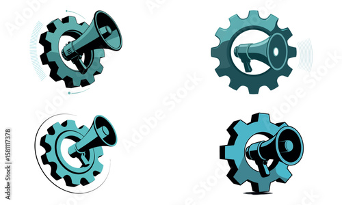 Megaphone and gear icons for marketing, promotion and announcement strategy design
