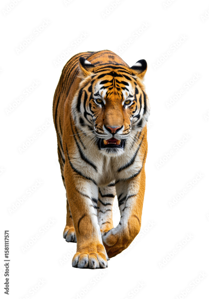 Fototapeta premium Majestic adult bengal tiger, vivid orange fur and black stripes, muscular, moving forward with bared teeth and intense predatory eyes, captured in a dynamic low-angle front view against a transparent