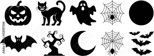 Spooky Halloween icons black silhouettes of pumpkin cat ghost spiderweb moon bats and tree