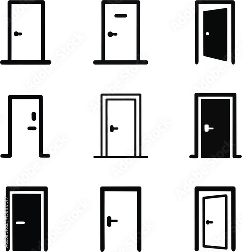 Nine Simple Black Door Icons: Open, Closed, and Variations; Minimalist Style; Clean Graphic Design.