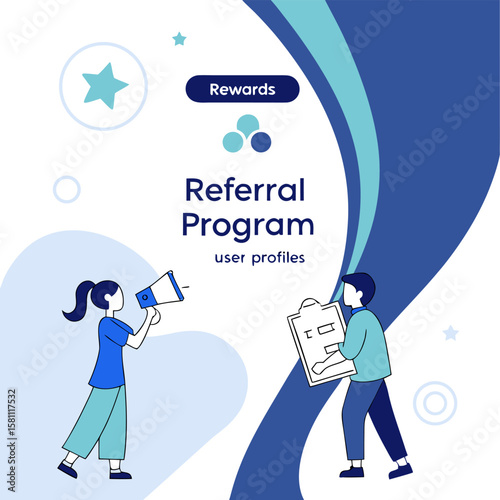 Illustration of a referral program with people, rewards, stars and abstract shapes in blue and white colors