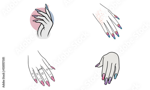 Female hand illustrations with colorful manicure nails in beauty and fashion concept
