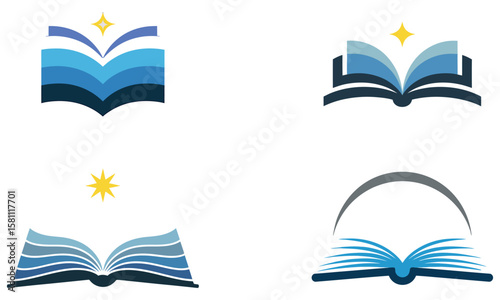 Open book logo icons with blue pages and shining star symbols in modern education design
