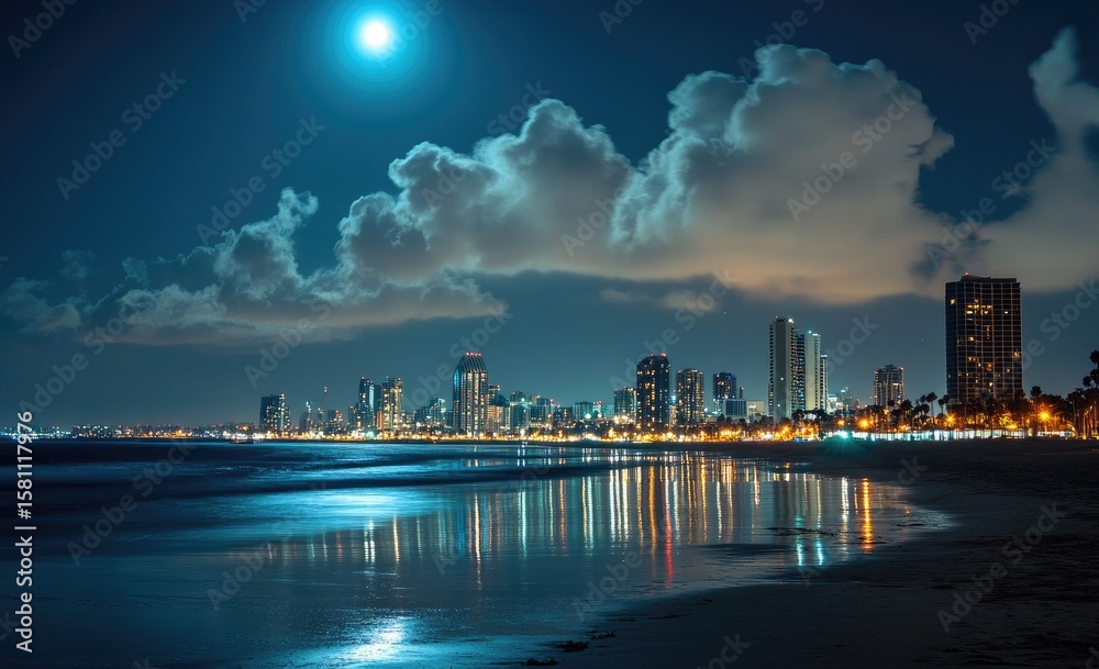 Fototapeta premium Coastal city skyline at night