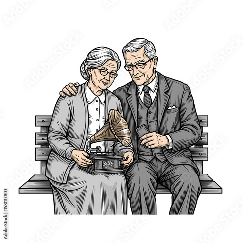 Elderly couple sitting on bench and enjoying music from gramophone  