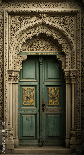Ornate stone archway framing aged green double door with gold accents  showcasing architectural detail and history  suggesting mystery  elegance  and timelessness
