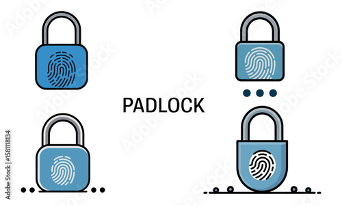 Padlock icons with fingerprint sensors for biometric and digital security systems
