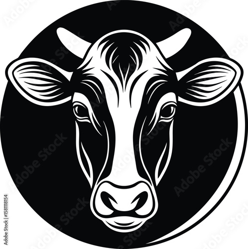 Vector art of a bold black and white cow head with horns in a circular frame