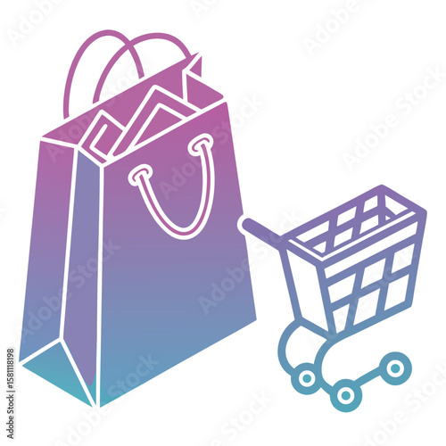 Gradient shopping bag with handles and a miniature shopping cart with wheels in white outline