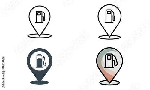 Gas station location icons with fuel pump symbol and map pin design
