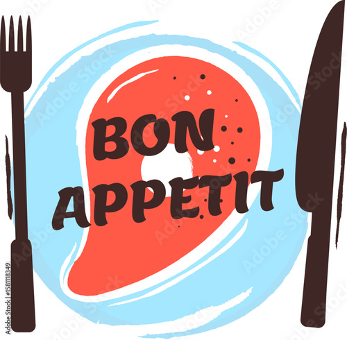 Salmon steak lying on plate with fork and knife placed on sides with bon appetit lettering inviting to delicious meal symbolizing, healthy nutrition and culinary delights