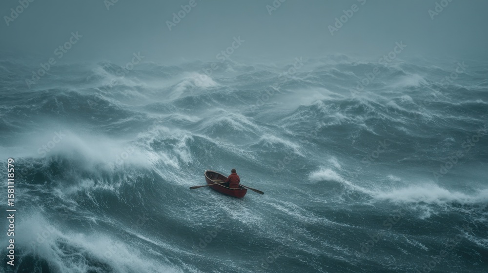 Fototapeta premium A lone figure fights against fierce waves in a small wooden boat amidst a violent storm. The dark clouds swirl above, emphasizing the intensity of the challenging weather conditions.