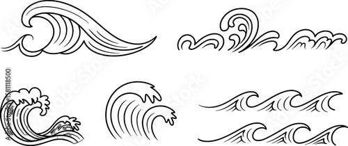 Stylized ocean waves in black and white line art water surf