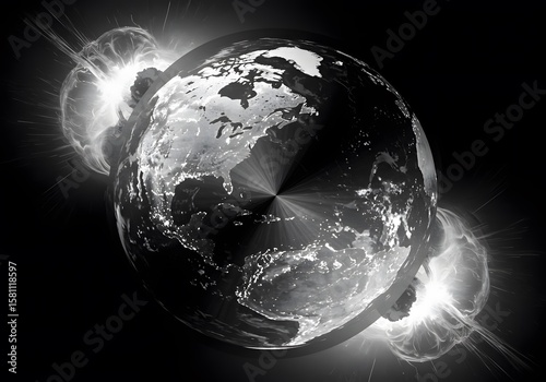 Global Catastrophe: Earth Under Attack by Cosmic Explosions, A Monochrome Depiction of Planetary Destruction