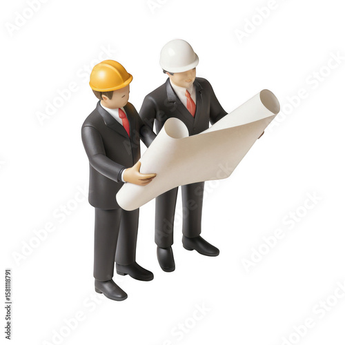 Two architects or engineers in suits and hard hats collaborating on a blueprint plan isolated on transparent background