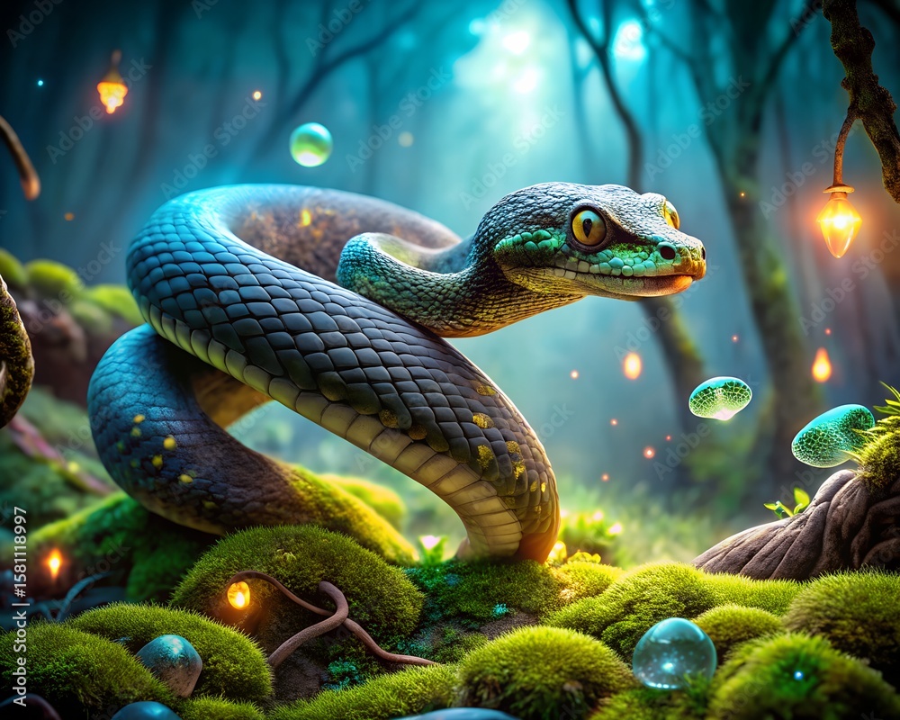 Fototapeta premium A mystical snake coiled in an enchanted forest