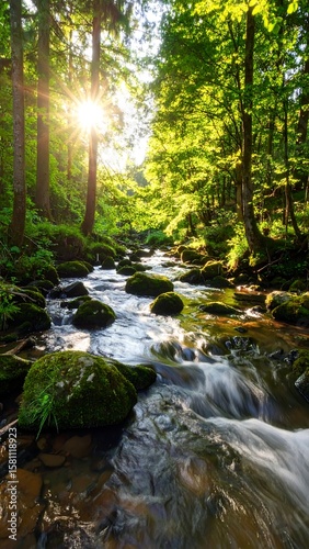 Sunlight streams through lush forest, over a rocky creek