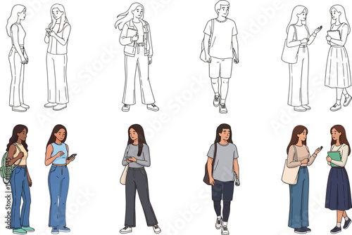 Group of diverse students in various casual poses with outline drawing