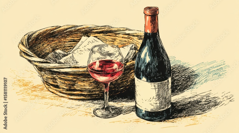 Fototapeta premium A glass of red wine sits next to a neatly arranged bottle and a woven basket filled with notes, showcasing a cozy dining atmosphere perfect for relaxation.