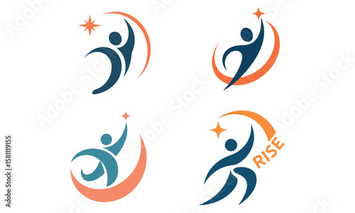 Success abstract logo icons with rising human figures and stars in dynamic motion
